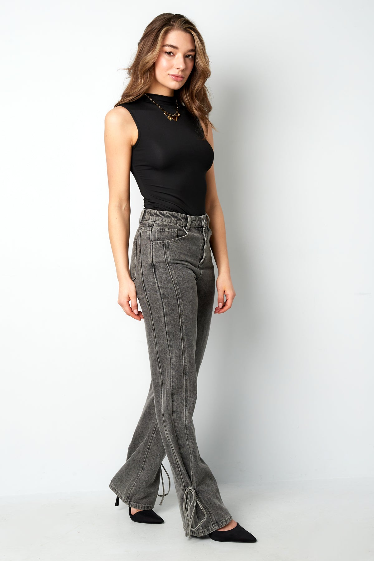 Cotton Woven Vrouwen Rechte Jeans Casual Knopen Detail