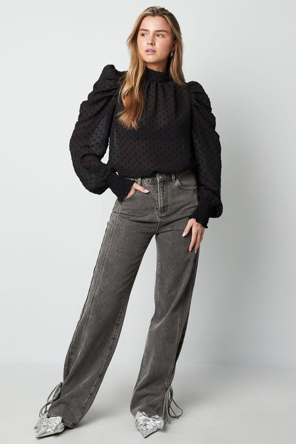 Polyester Vrouwen Lange Mouw Top Puff Sleeve Hoge Hals