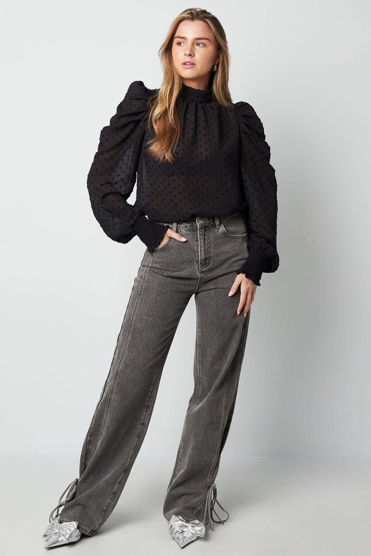 Polyester Vrouwen Lange Mouw Top Puff Sleeve Hoge Hals