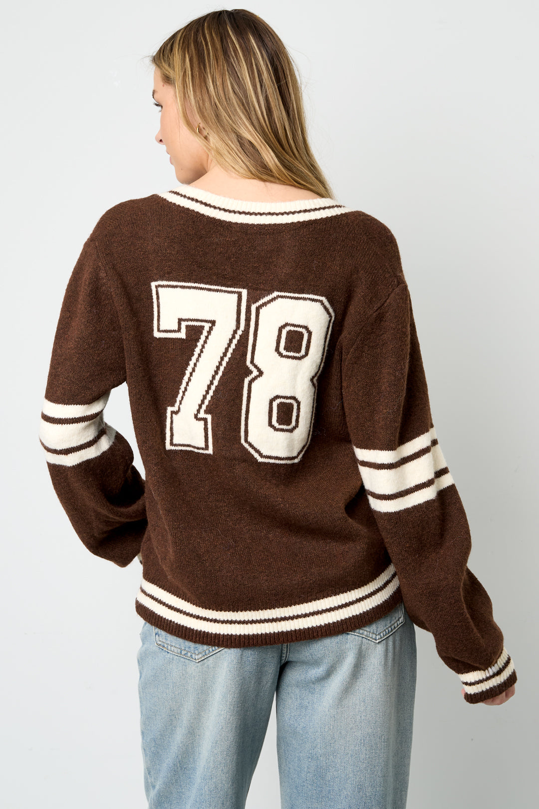 Gebreide Polyestervezel Vrouwen V-hals Trui Sportief Contrasterende Strepen