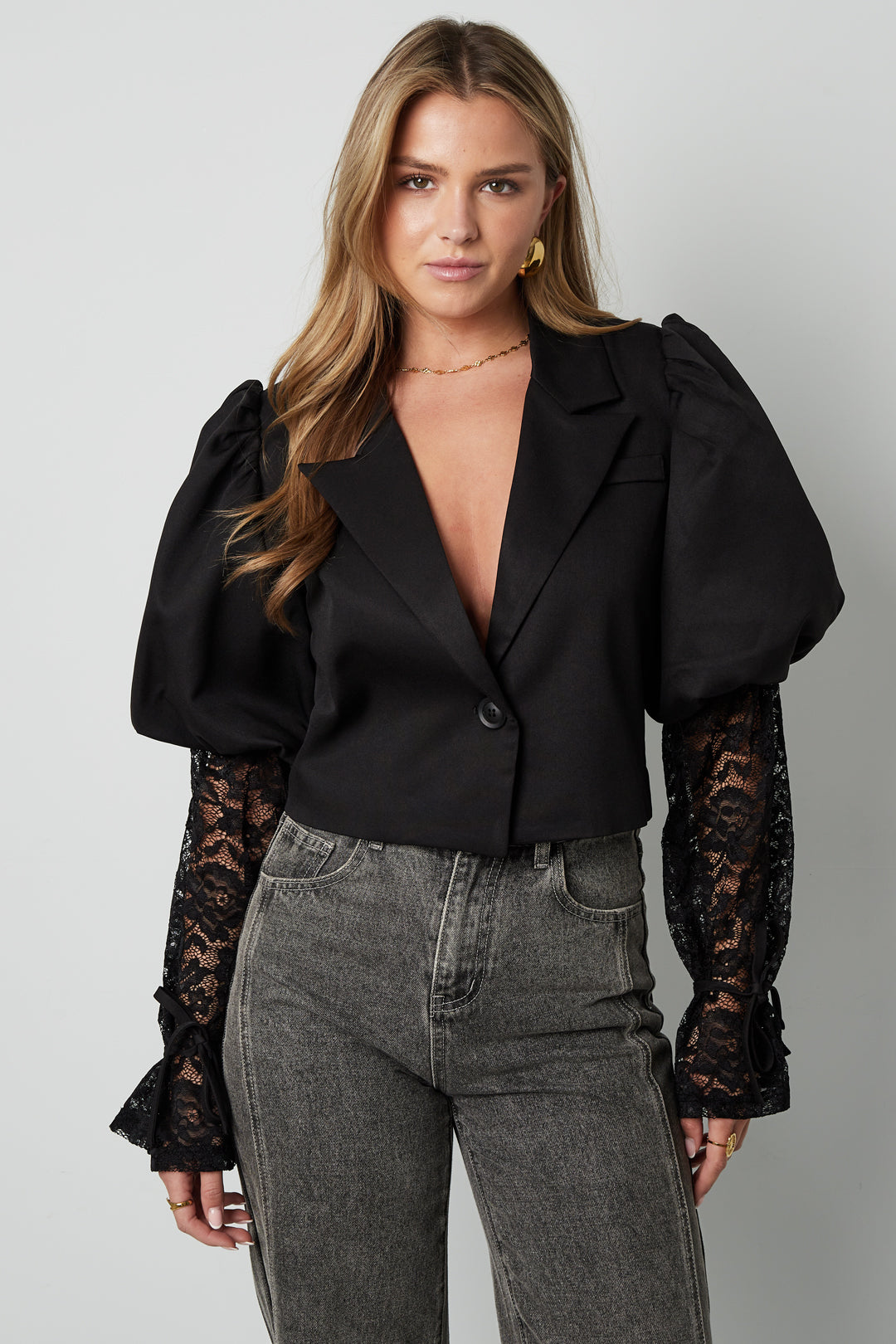 Katoenmix Vrouwen Jas Pofmouw Kanten Inzet