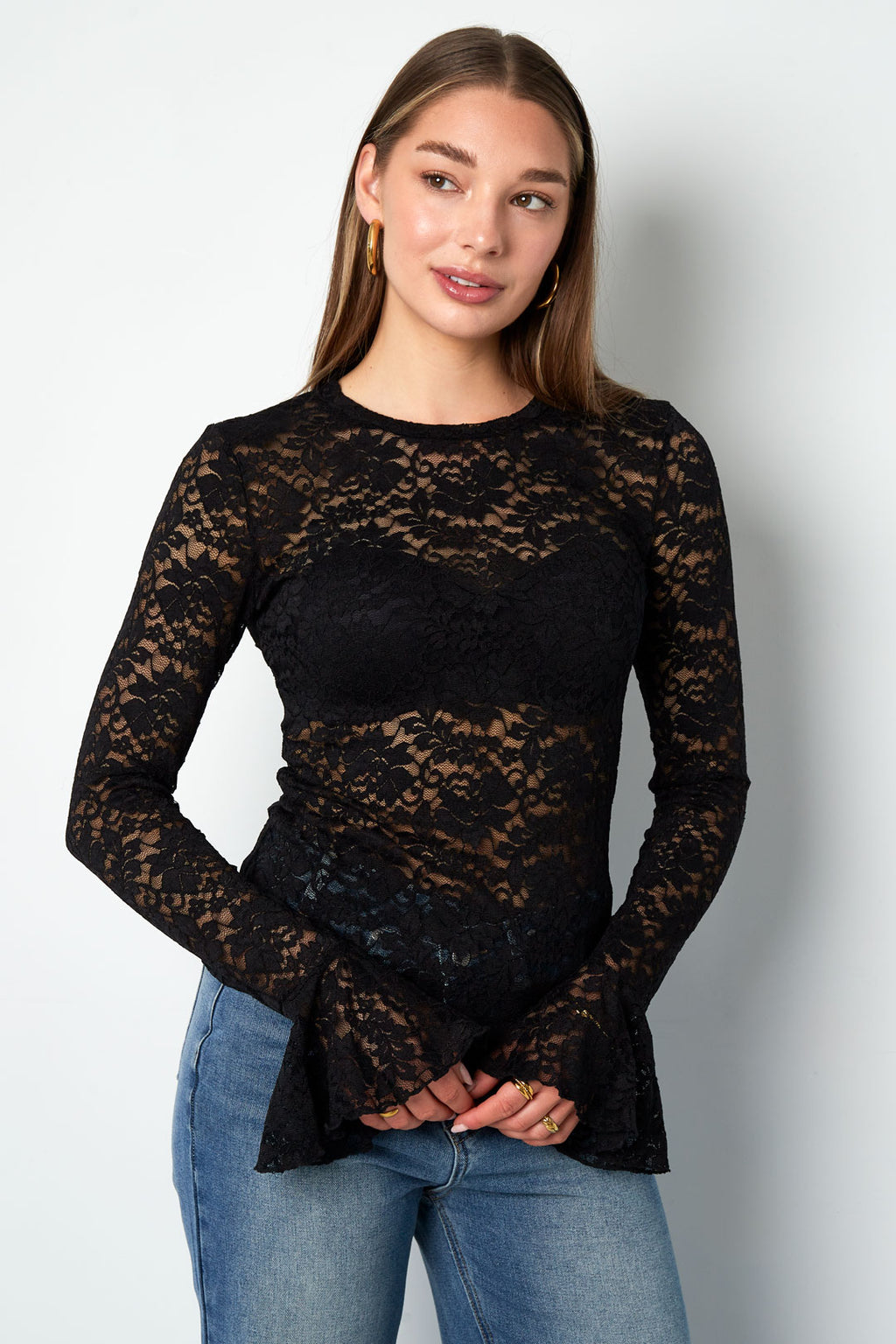 Geweven Polyester Lange Mouwen Tops Elegante Kanten Panel