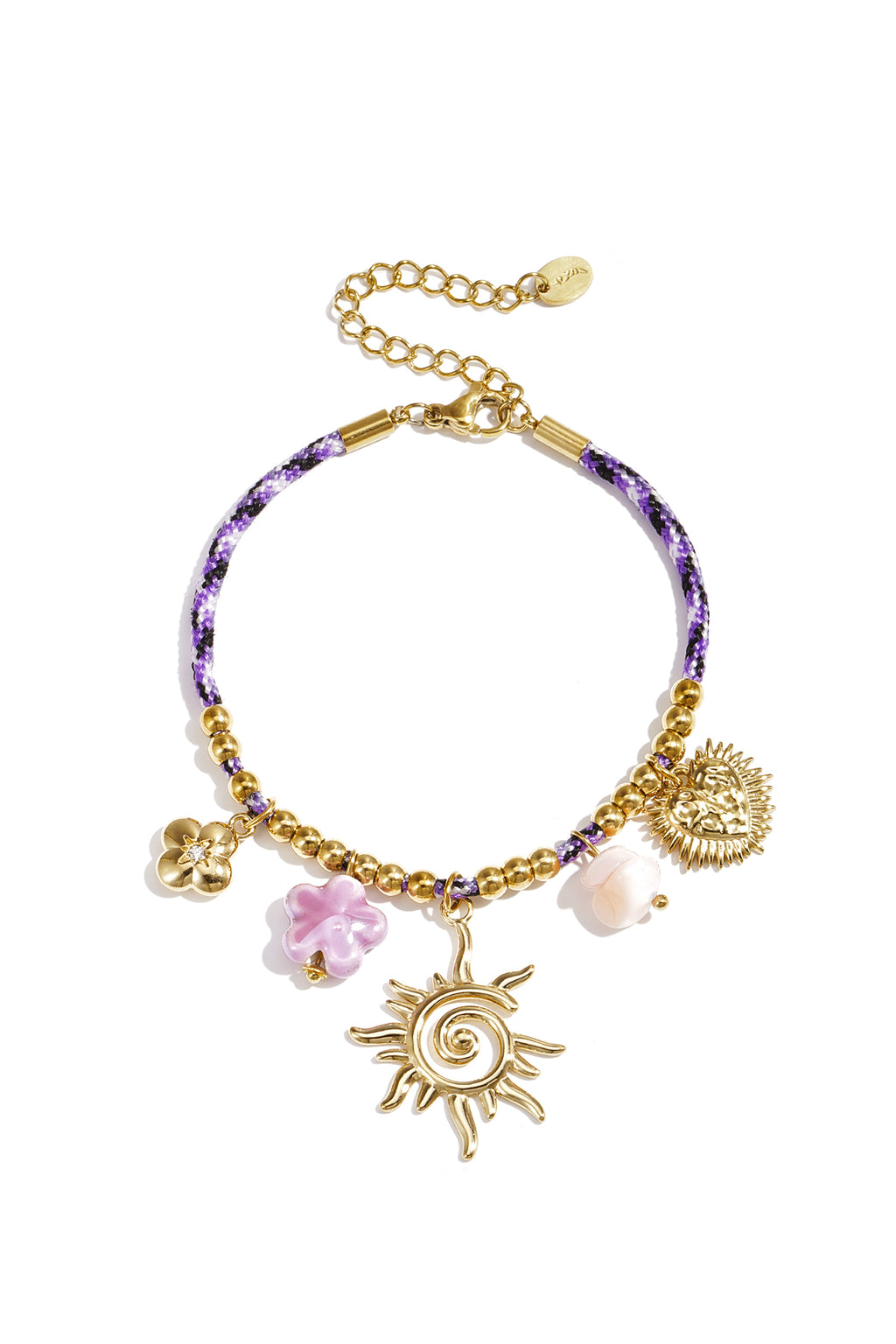 Kleurrijk koord armband met variërende hangers paars