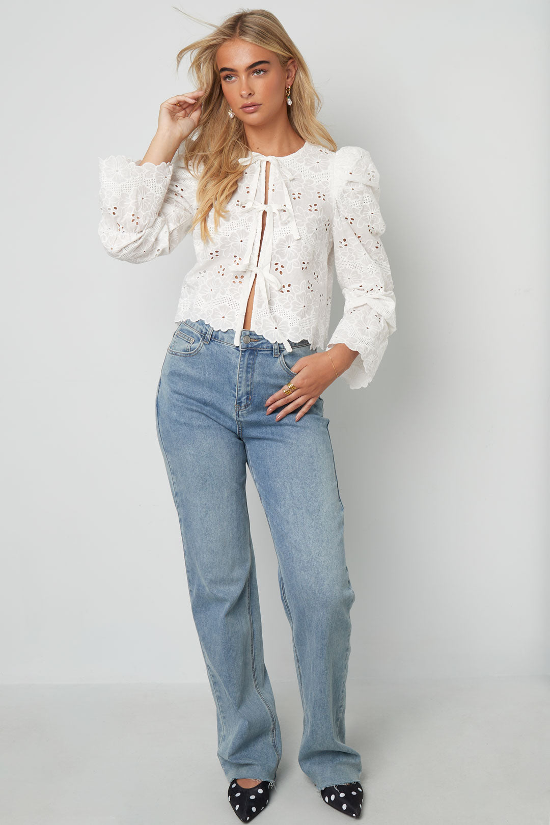 Cotton Woven Vrouwen Lange Mouw Top Casual Cutout